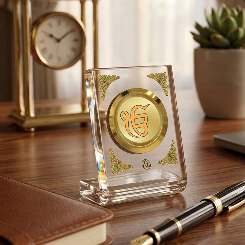 Image of DIVINITI 24K Gold Plated Ik Omkar Acrylic Frame for Car Dashboard, Home Temple & Office Table | Premium Spiritual Gift, Blessings for Protection & Positivity, 8x7 cm Decorative Showpiece