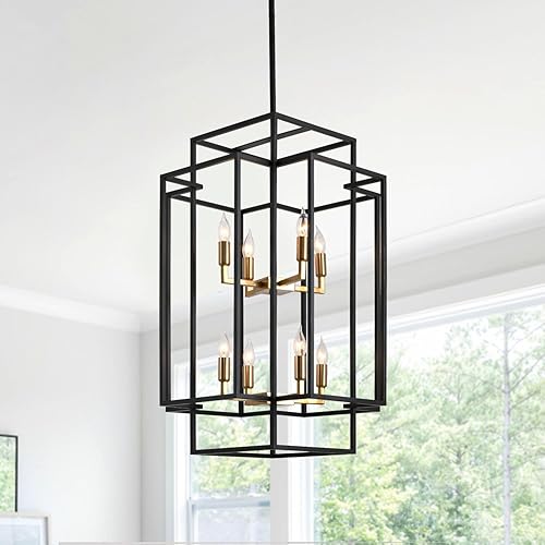 WJShome Lámpara colgante de 8 luces, farol escalonado, lámpara colgante industrial de granja para vestíbulo, sala de estar, cocina, isla (negro y