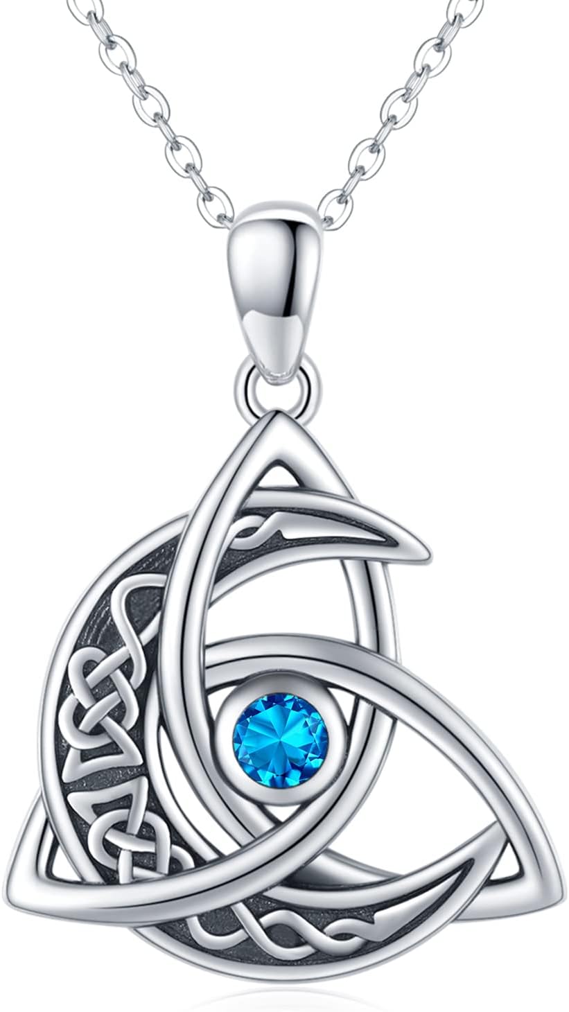 Celtic Moon Necklace 925 Sterling Silver Celtic Knot Trinity Pendant Necklace Birthstone Necklace Irish Jewelry Gifts for Women Girls Daughter Mother Birthday Christmas