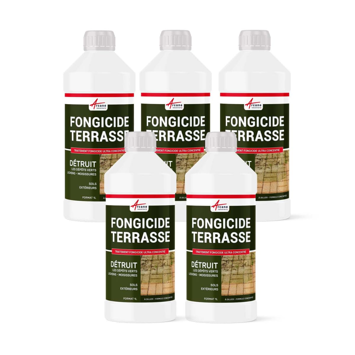 anti mousse terrasse, produit anti-​mousse concentré pour 250m², traitement fongicide et anti-​depot, algicide pour sol pierre et bois - 5 L (5 x 1L) - ARCANE INDUSTRIES
