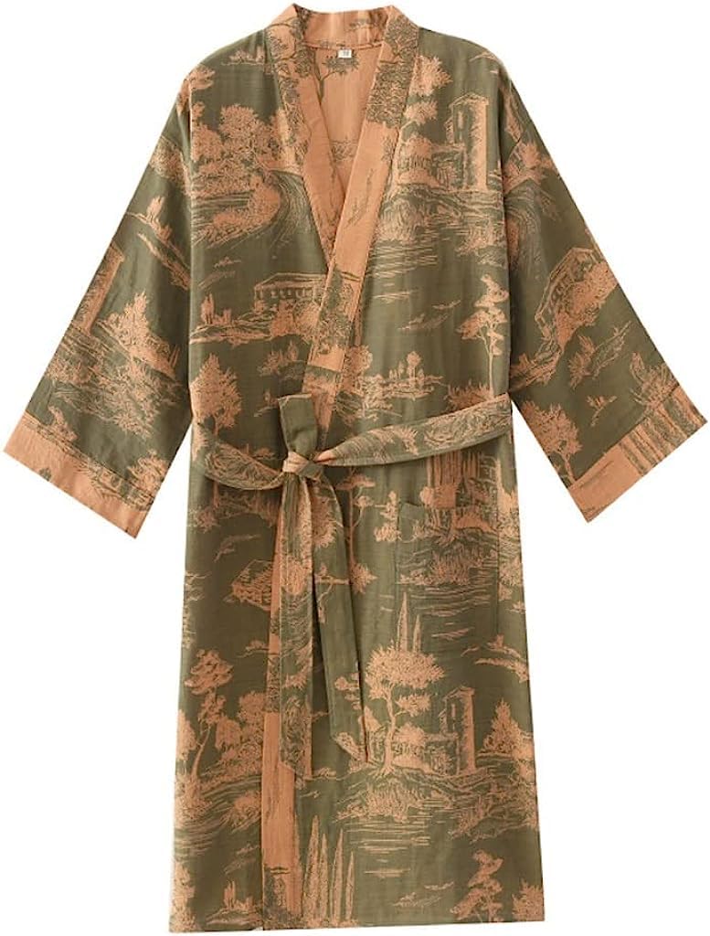 Vestaglia a kimono per uomo in cotone lungo e leggero, abbigliamento da notte, collo scialle, accappatoio con scollo a V