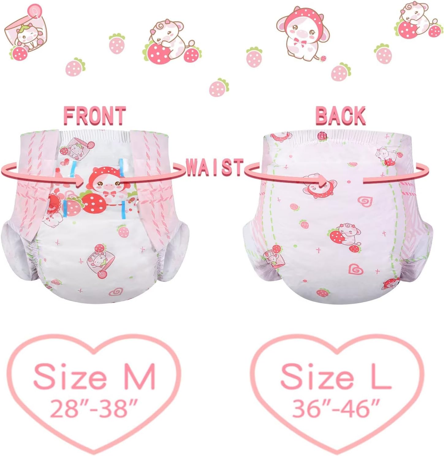 Landofgenie Adult Diapers Large Overnight Printed Diaper with Tabs 10 Pieces - Strawberry Cow (Medium 28"-38")