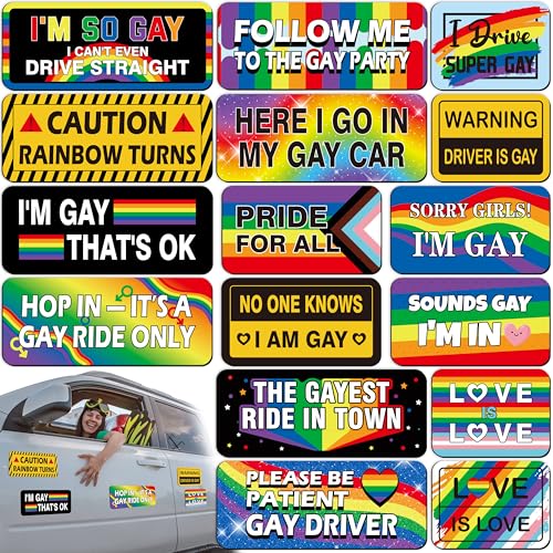 16PCS Gay Pride Car Bumper Magnets: Funny Rainbow Decals Bulk for LGBT Parade Truck Fridge Cruise Prank Gift Idea (Classic Style)
