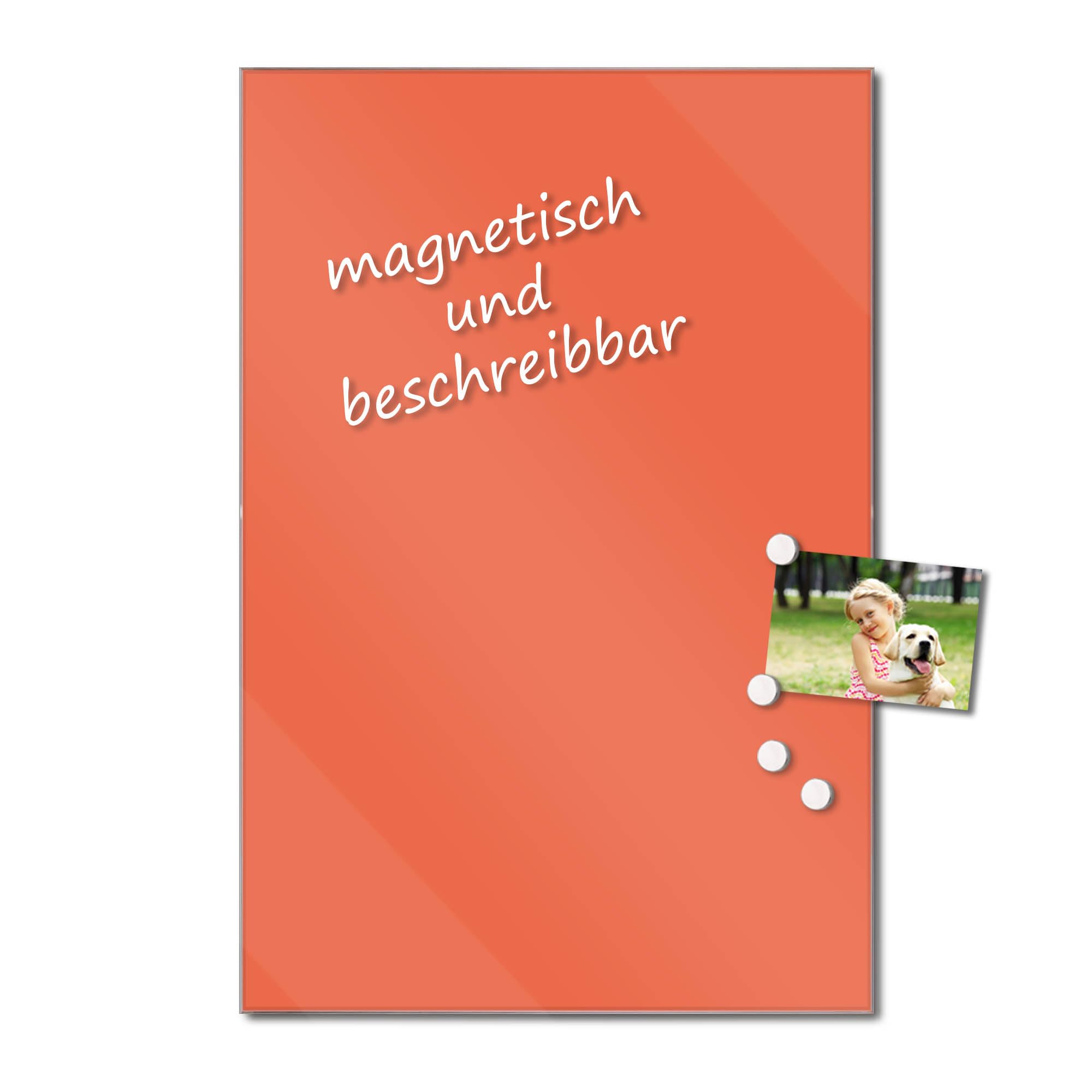 banjado Glas Magnettafel 60x90 in schlichtem Farbton, beschreibbar | Reduziertes Glas-Memoboard für klare Planung, in der Farbe Orange