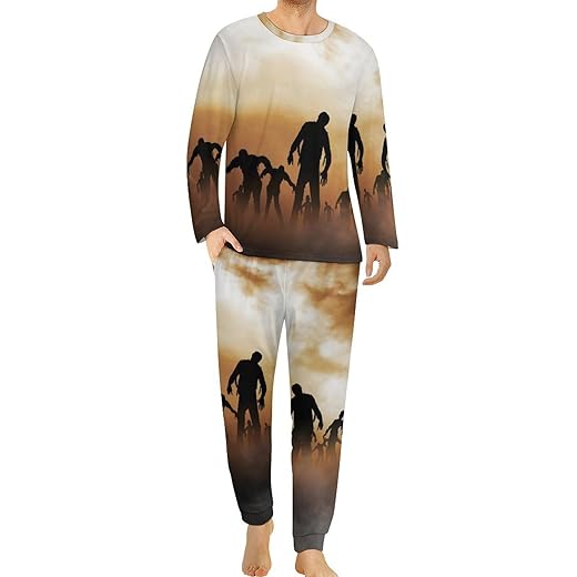 HABXNJF Herren Rundhals Pyjama Set, Zombies Dead Men Walking Body at Night Pyjama für Männer, Herren Pyjama mit Taschen