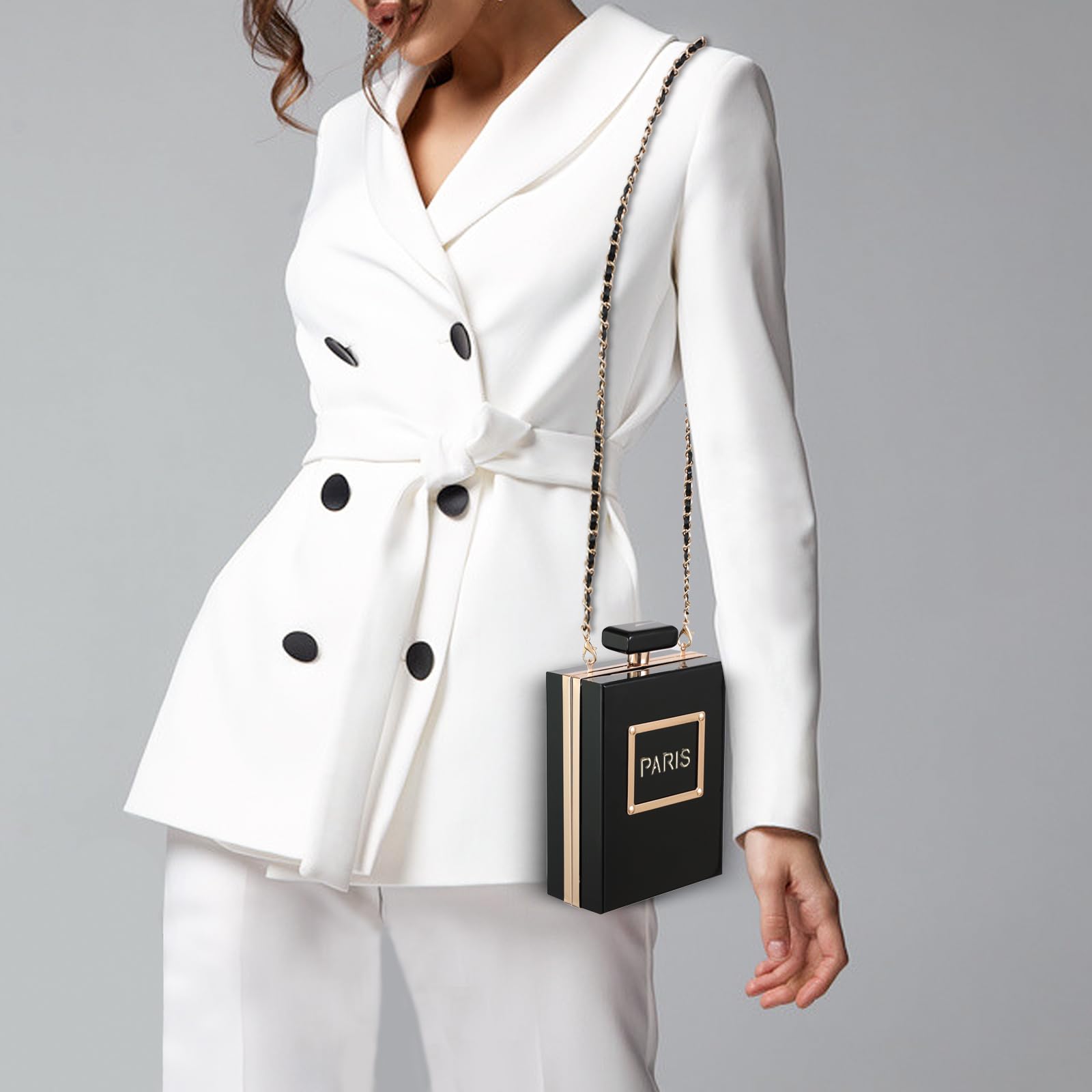 WJCD Sac à main pour femme en acrylique noir en forme de parfum