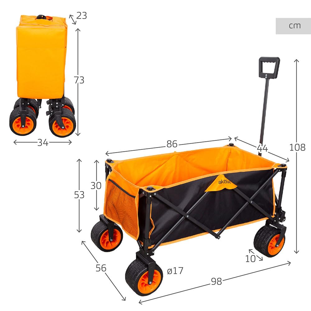 Aktive Carro Transporte Plegable, Playa, Jardín, Camping, hasta 100 kg, Ruedas robustas y giratorias 360 Grados con Frenos, Mango multiángulo, con Bolsillo, con Funda, Portasillas, Negro y Naranja