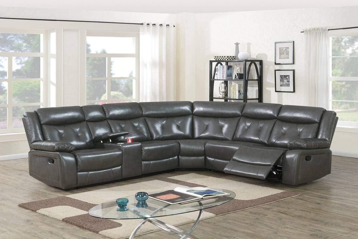 Dusheti 3-Piece Reclining Sectional with Console in Grey Leather Gel +PU