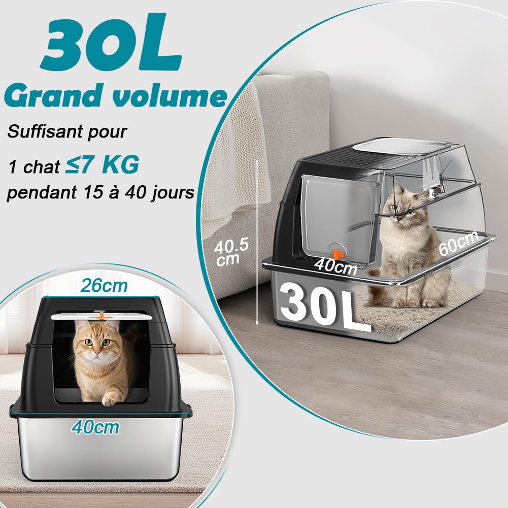 Bac Litiere pour Chat XL, Litière en Acier Inoxydable avec Couvercle, Bac Litiere pour Chat, Cat Litter Box, Pelle+Tapis+Marchepied- 60x40x39,5 cm (Noir)