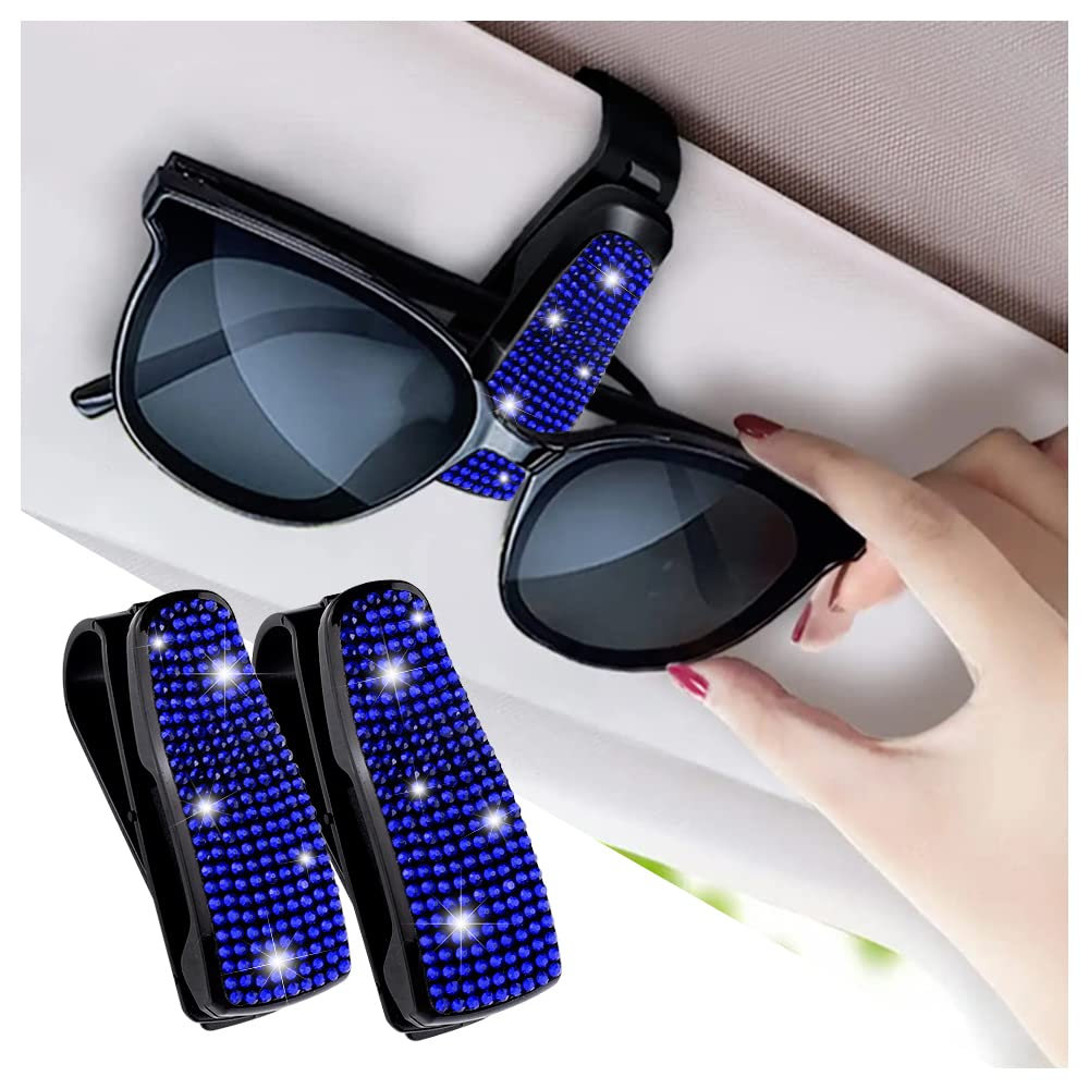 Set of 2 Bling Rhinestone Car Sun Visor Glasses Holders with Anti-Scratch Sponge,Car Decoration for Women Girls,Ticket Card Clip Visor Organizer,Universal Rhinestone Car Accessories (Jewel Blue)