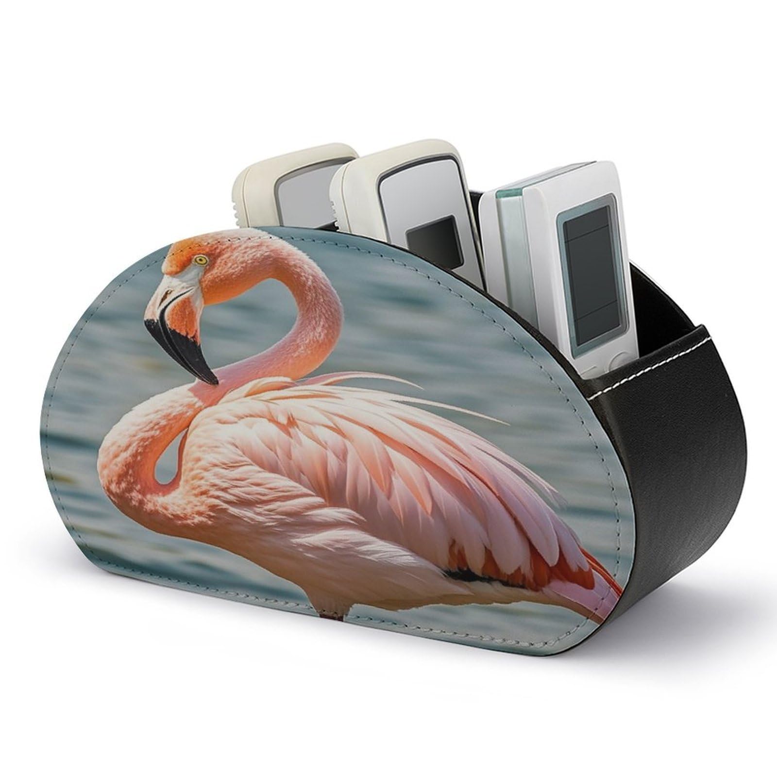 FekiLoot Pink Flamingo TV Remote Control Holder with 5 Compartments Multi-functional Leather Bedside Table Remote Caddy Desktop Storage Box for Store Pen Controller Media Player Cosmetic
