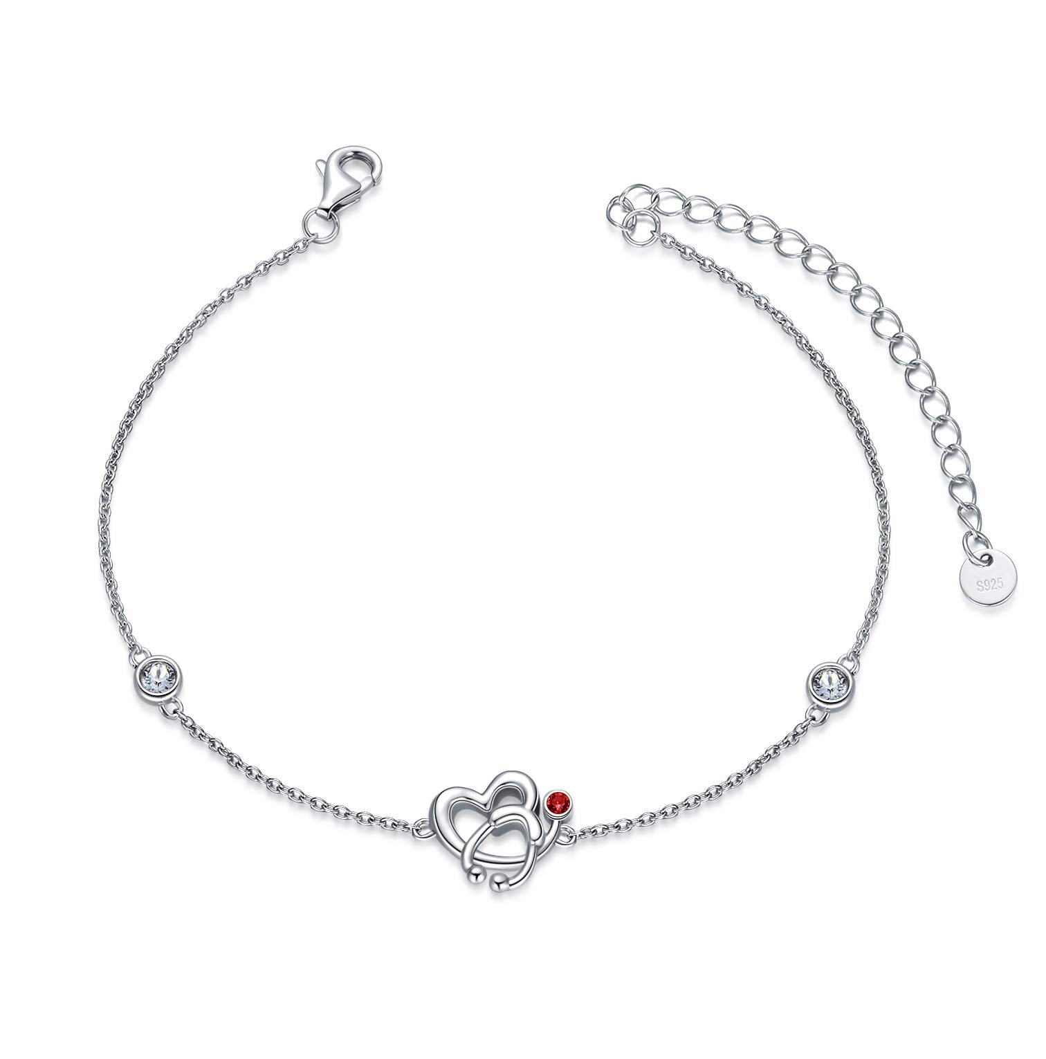 AOBOCO Pulseras de enfermera de plata de ley 925 con estetoscopio de corazón y piedra de nacimiento regalo para doctores estudiantes de medicina cumpleaños y Navidad para mujeres
