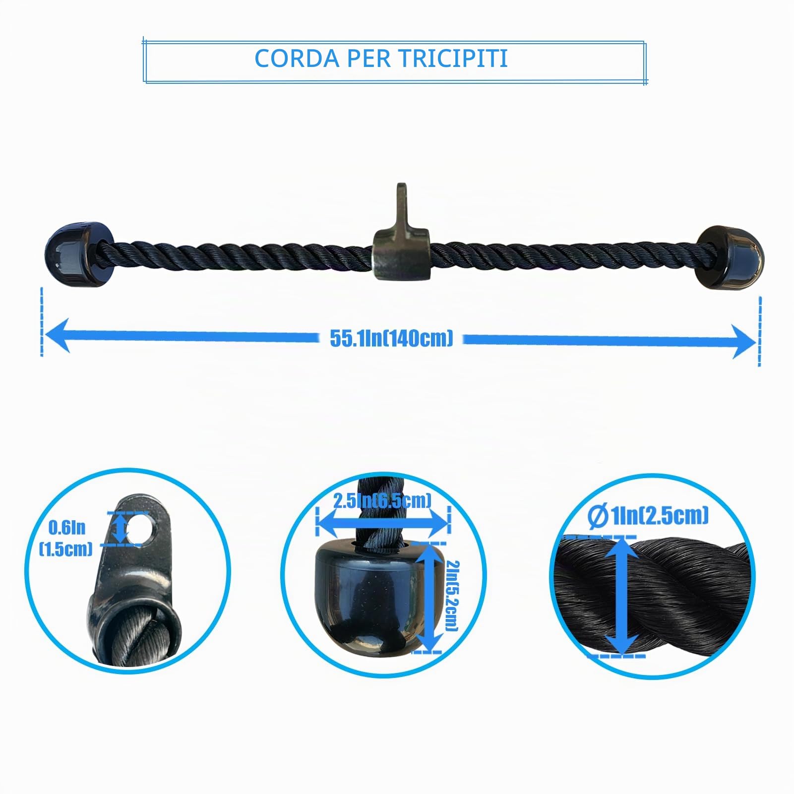 Corda lunga per tricipiti, accessorio per tricipiti, lunghezza 119,7 cm, cavo per tricipiti, corda per tricipiti, per sistema di pulegge da palestra domestica, attacco per macchina per cavi