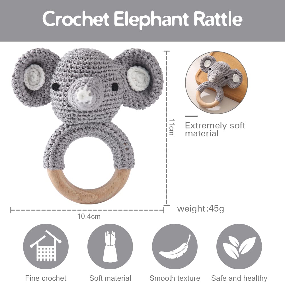 Youuys Wooden Teething Ring Baby Rattle, Gray Elephant, Natural Teething Aid, Hand-Woven Toy for Newborns & Infants, Best Baby Gift for Birth & Holidays - Image 3