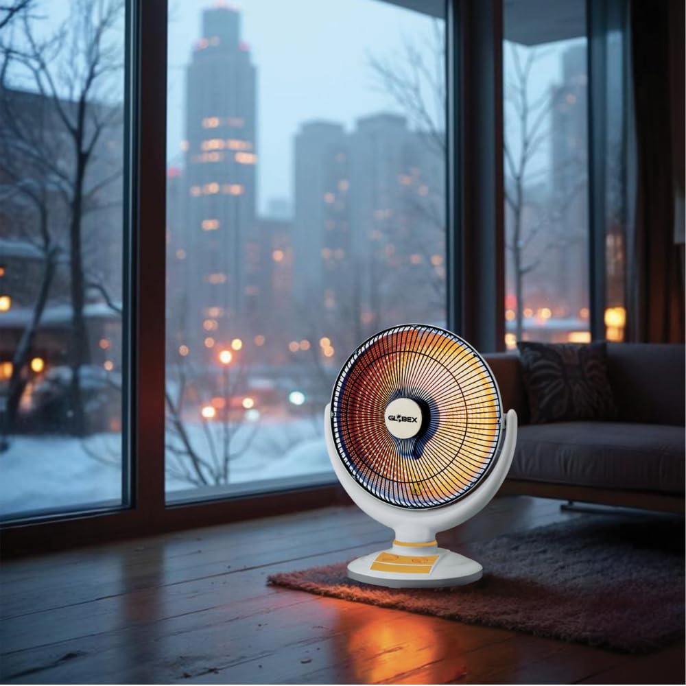 GLOBEX Stufa Alogena Apollo, Stufa a Parabola Elettrica Oscillante 1.000W, Diametro Parabola 46cm, 2 Livelli di Potenza, Tasto di Sicurezza Anti Ribaltamento, Timer Silenzioso 60 min