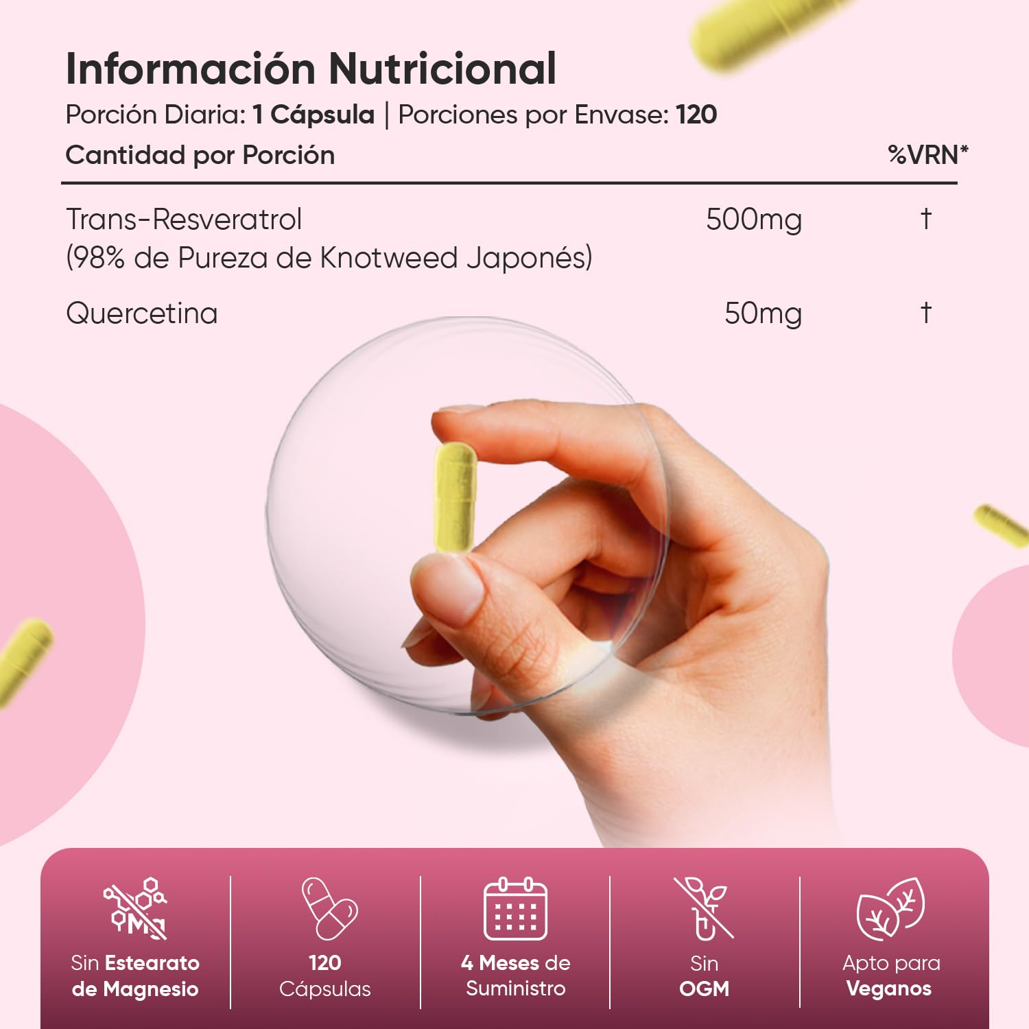 Trans Resveratrol con Quercetina 550mg - 120 Cápsulas de un 98% de Knotweed Japonés y Sophora Japonica - 4 Meses de Suministro - Apto para Veganos