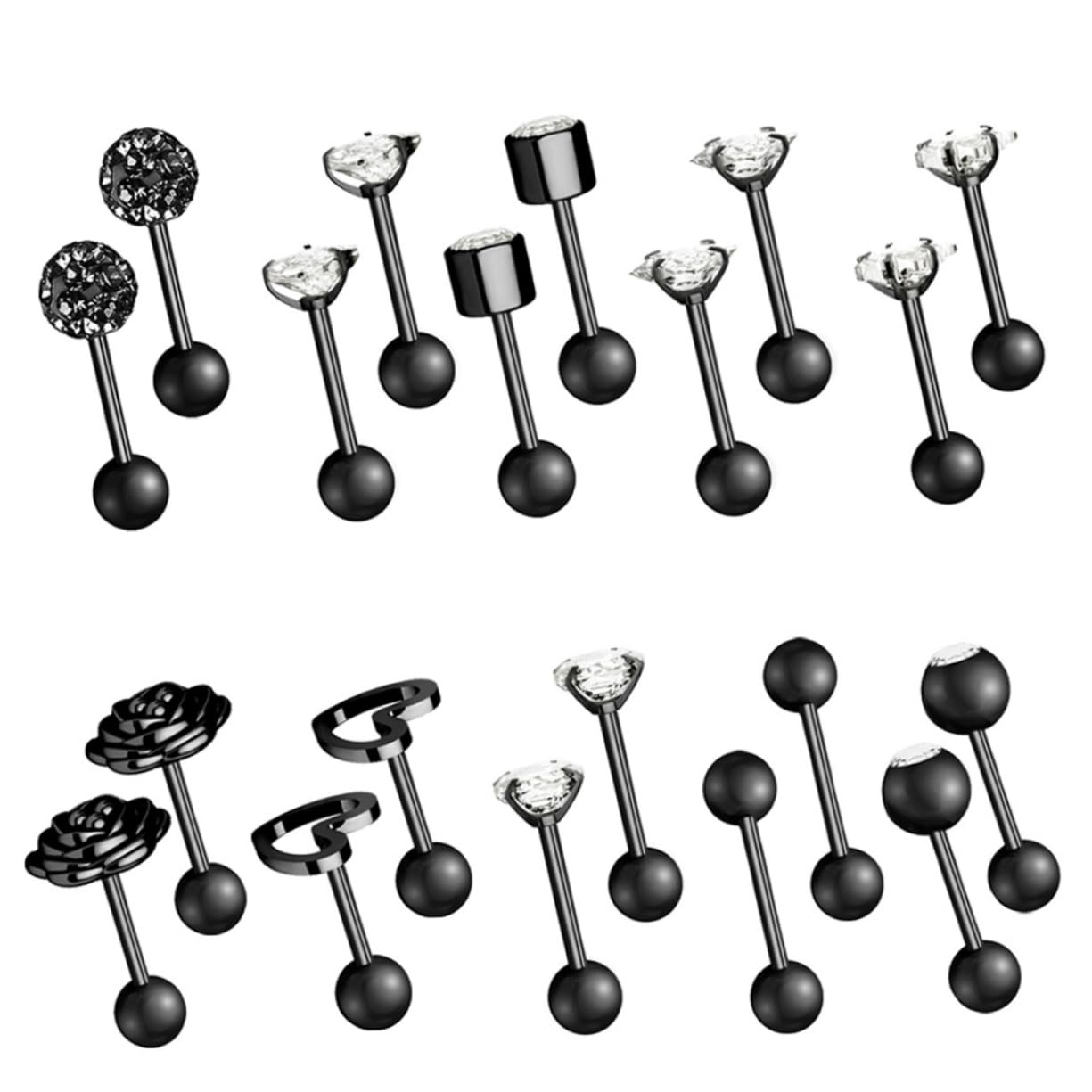 SHERCHPRY 30 Pares anillo de ombligo piercing ceja piercing lengua Piercing de lengua perno de nariz aretes joyero pendientes clavo de labios de acero inoxidable joyas perforantes Black