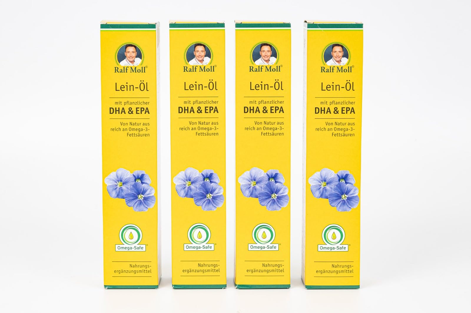 4x 250ml Ralf Moll BIO-Leinöl mit Omega-3 DHA und EPA in einer Braunglasflasche | frisches Leinöl dank Omega Safe Verfahren | 4er Pack mit Dosierer | natives Speiseöl aus 1. Kaltpressung