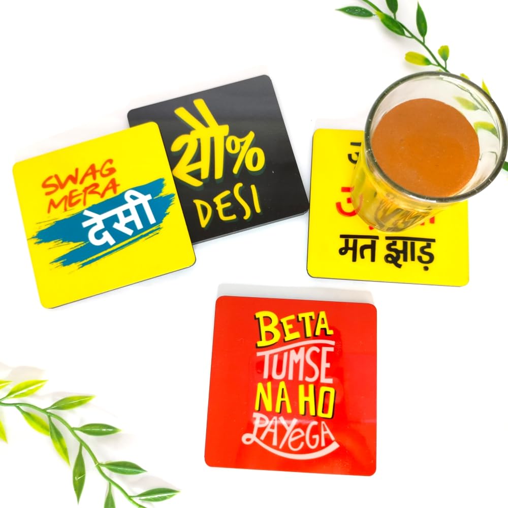 Presta Gifts Tea Coaster Set Funny Desi Slogans Printed, MDF Wood Material Coasters for Home and Kitchen, Office Table, Dining Table, Home Decor (3.5x3.5 inches, Set of 4) 3