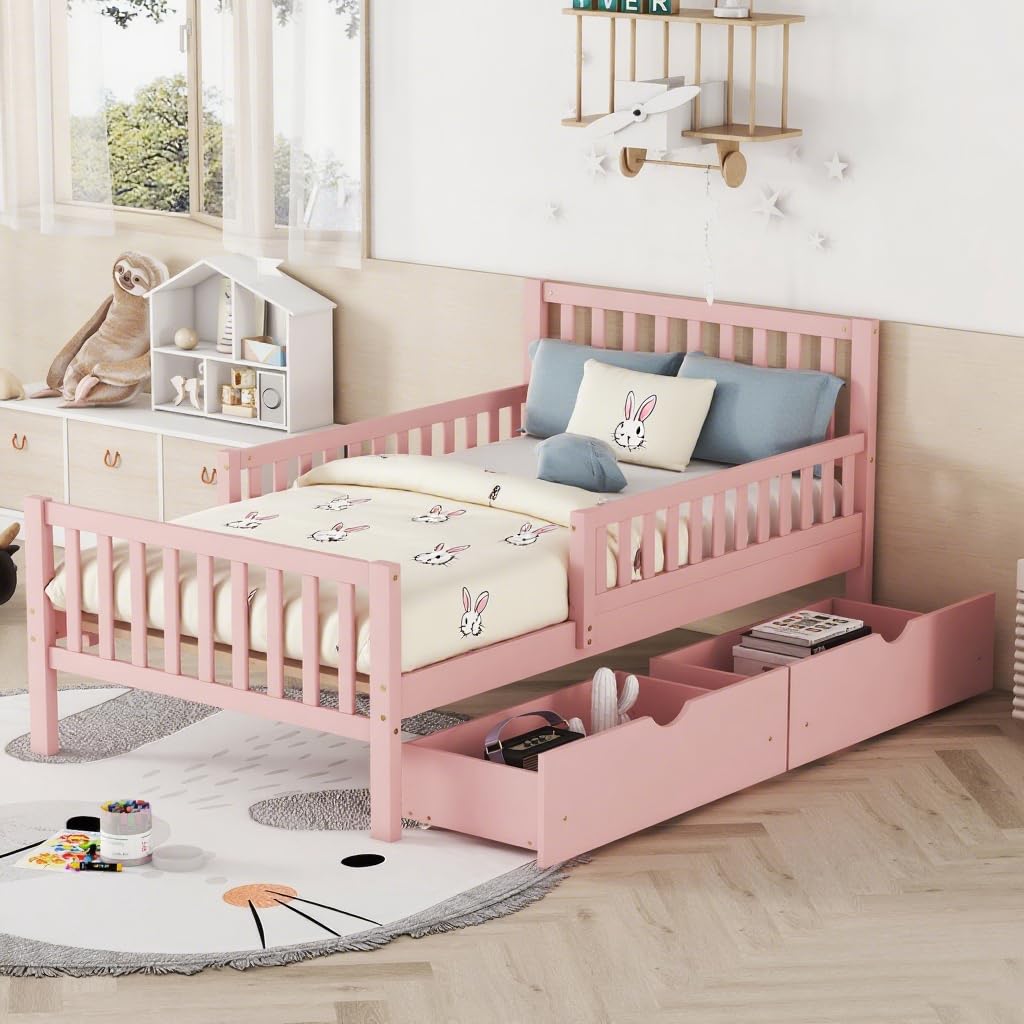 NCKMYB Wood Low Bed Frame for Kids, Wood Platform Bed with 2 Tier Headboard, Build-in LED Light, Suitable for Boy Girl (B- Pink, Twin)