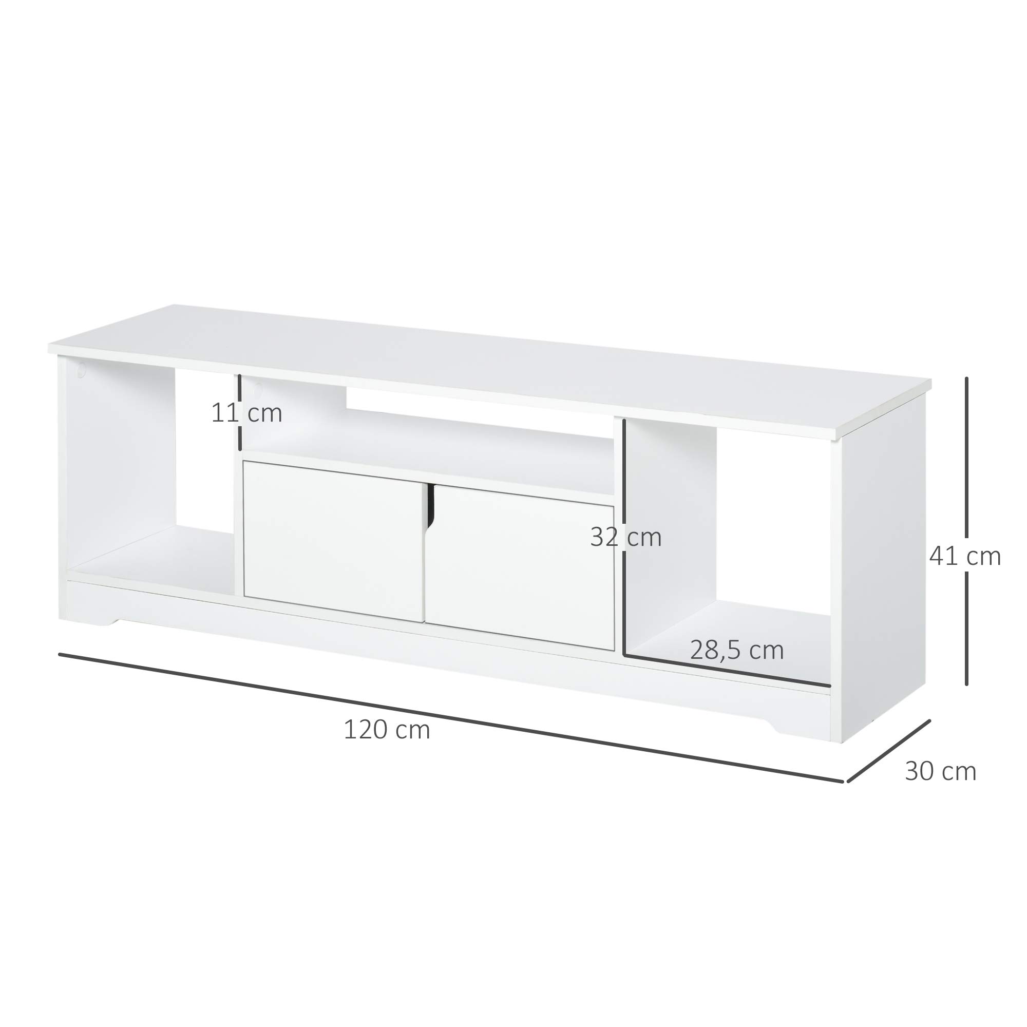 HOMCOM Mueble de TV para Televisor de hasta 42" Mesa para TV de Salón Moderna con Armario de Doble Puerta y 3 Compartimentos Abiertos 120x30x41cm Blanco