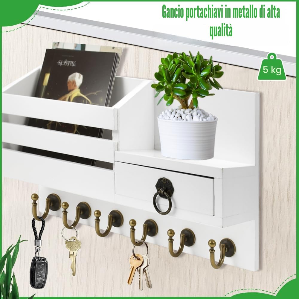 LPAMABA Portachiavi da Parete in Legno, con 6 Ganci - Appendi Chiavi da Muro Design Moderno per Casa, Ufficio, Ingresso e Corridoio - Organizzatore Chiavi Parete, Oggetti Piccoli (Bianco)