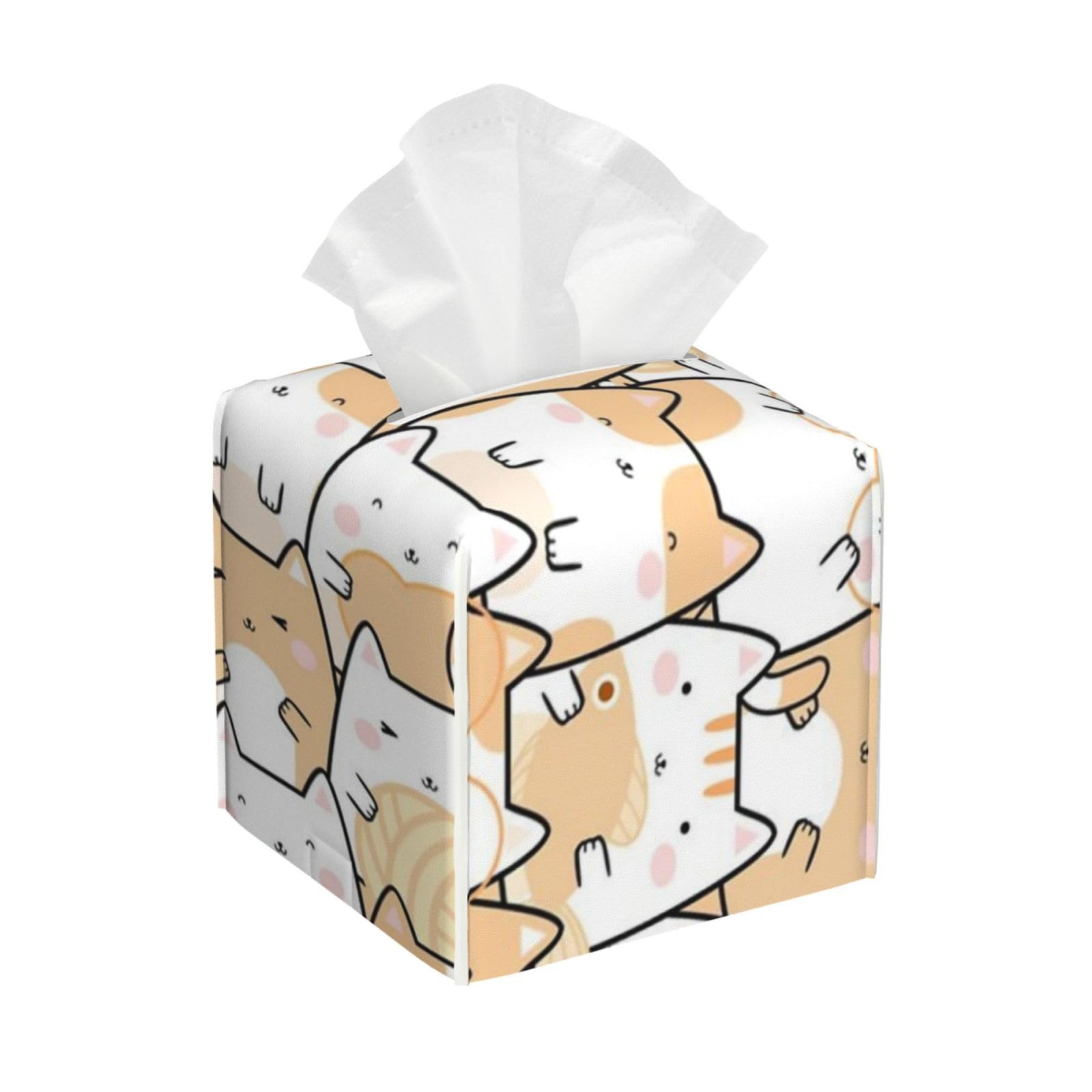 Kawaii Cats - Orange Tissue Box Cover 5" Square Leather Tissue Holder Facial Tissue Case for Tabletop Bedroom Bathroom Desk Decor