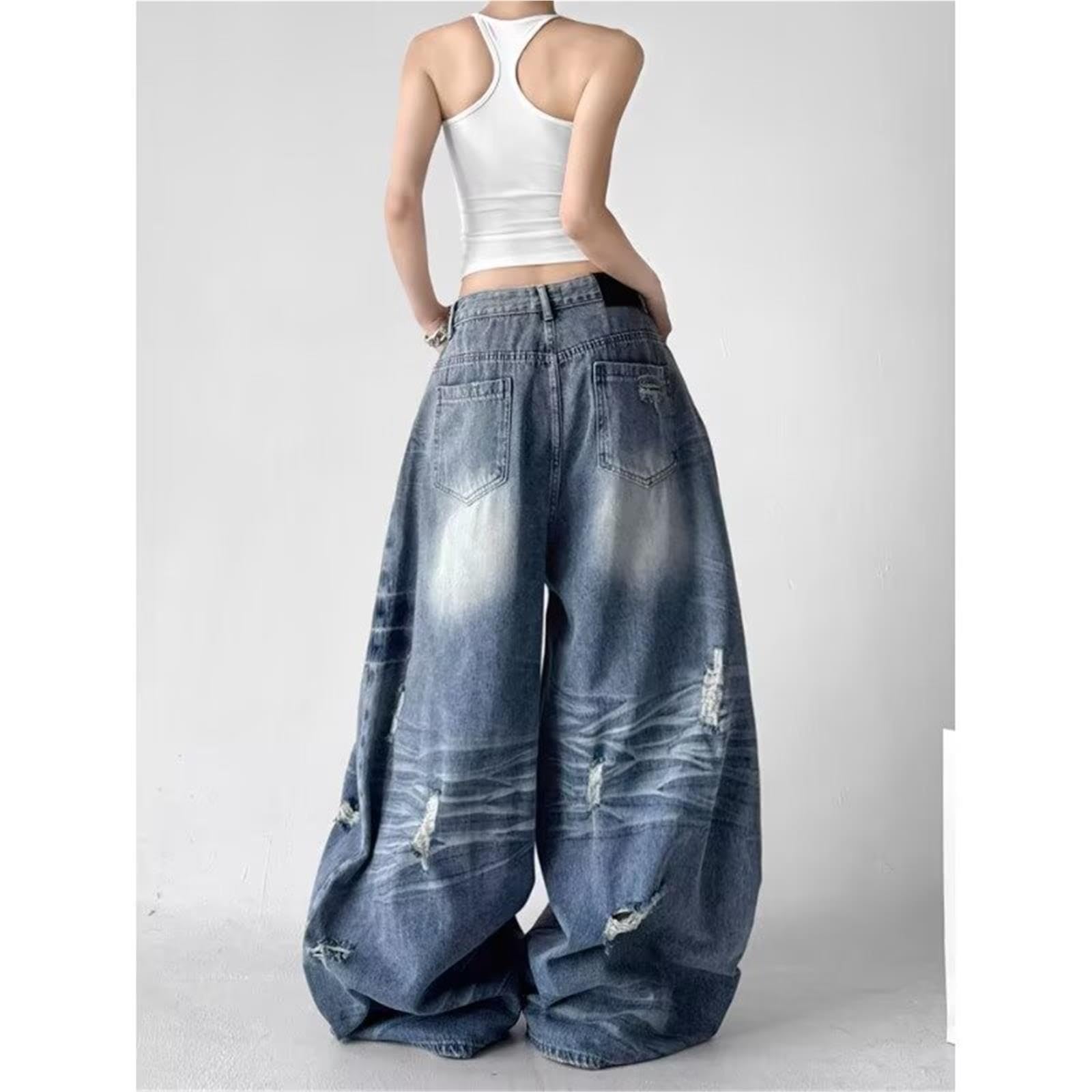 Pantaloni Denim Vintage Americano Strappati Gamba Larga Dritto Baggy Donna
