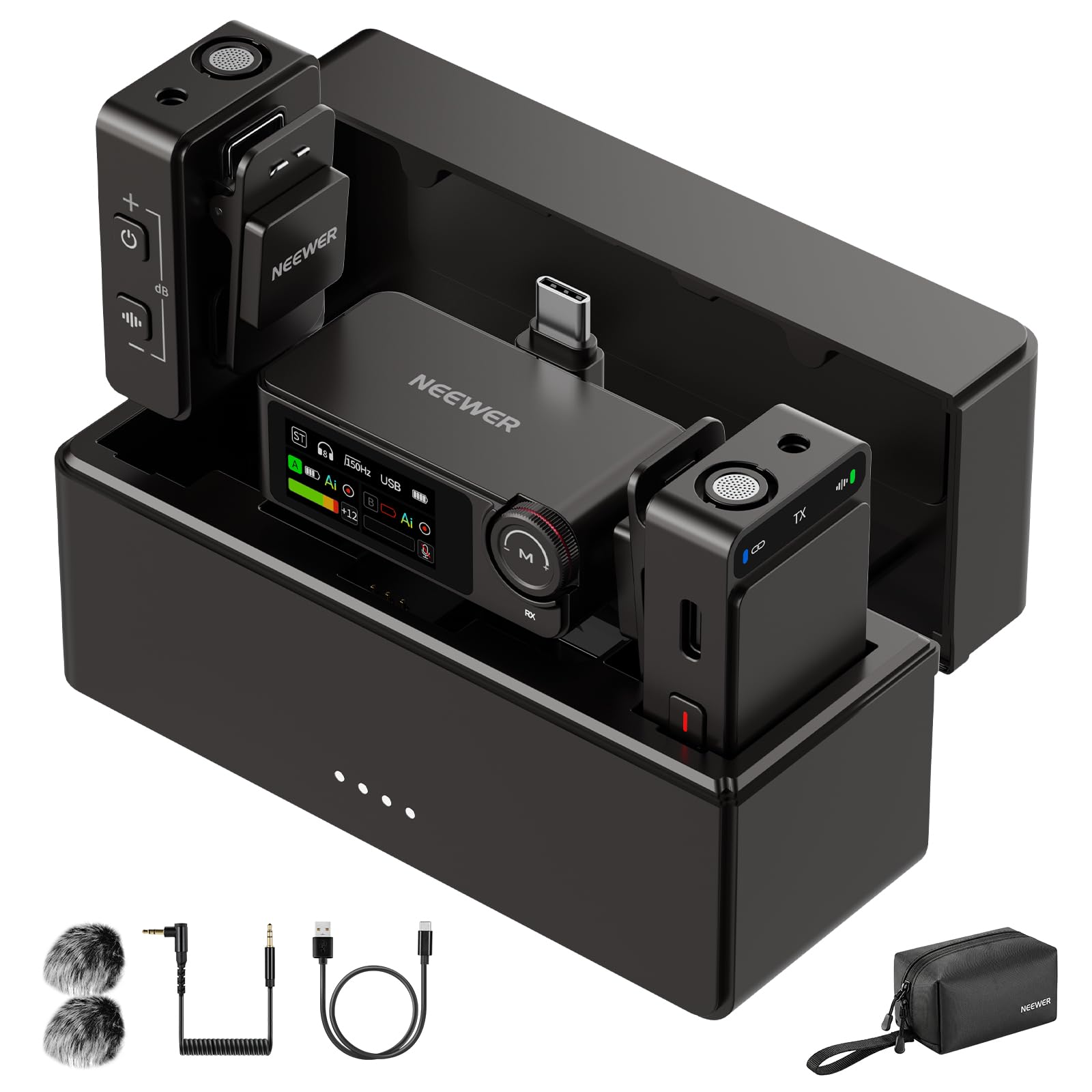 NEEWER CM36 Pro Micrófono Inalámbrico, AI Cancelación Ruido, 48KHz/32bits Float, 8GB Almacenamiento, 85dB SNR, 54h Batería con Estuche Carga, 328ft Range, Lav Mic para iPhone Android Vlog Camera PC