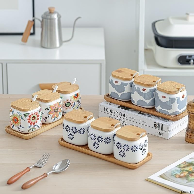 陶器 スパイスジャー キッチン収納 セラミック 密封容器 3個セット 調味料ボトル 【禁】 家庭用MumuElf (2セット,B