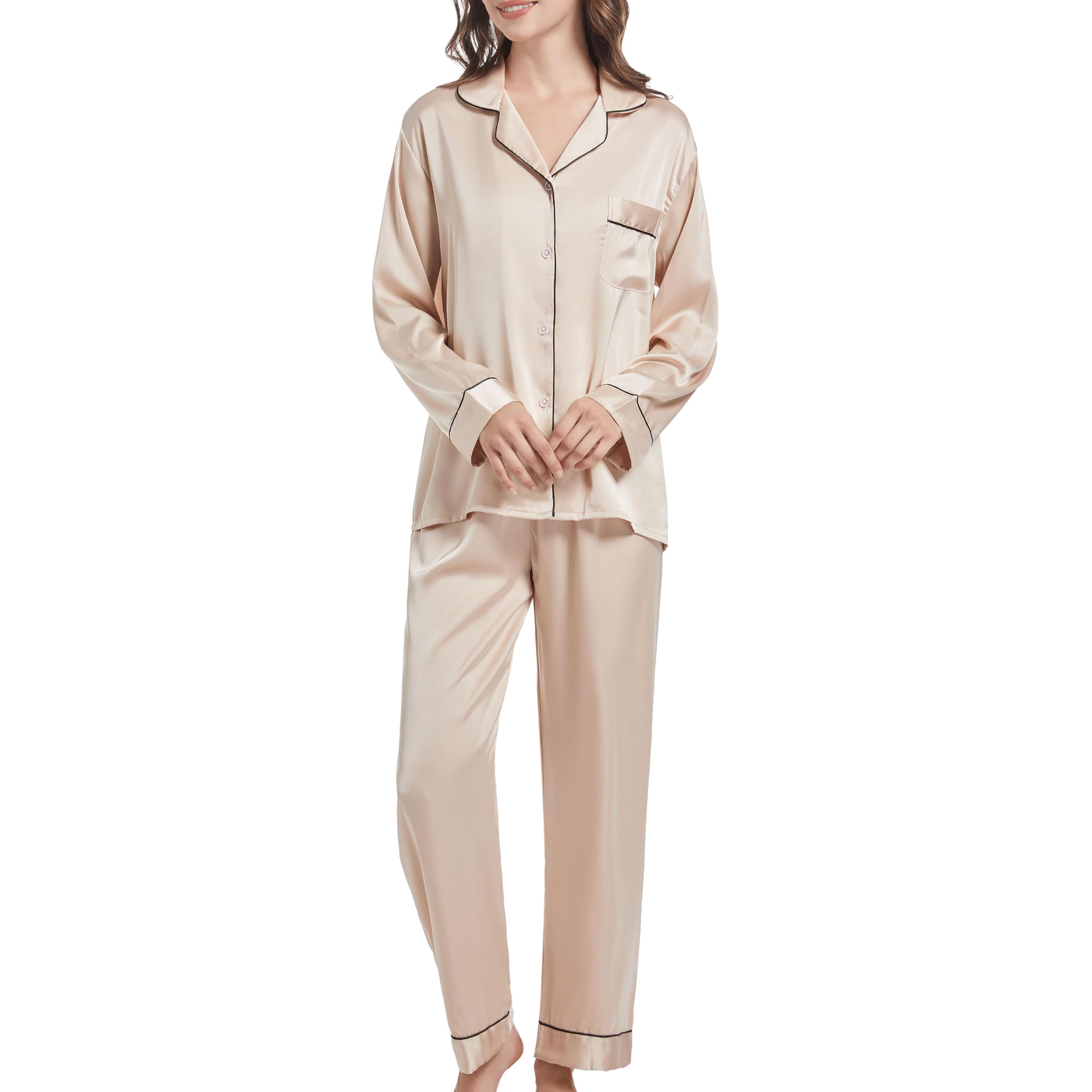 JCQIGOA Seta Donna Pigiama a Maniche Lunghe Set Pigiama Donna Lungo Set Pezzi Loungewear Pigiama da Notte Lungo Pigiama da Notte