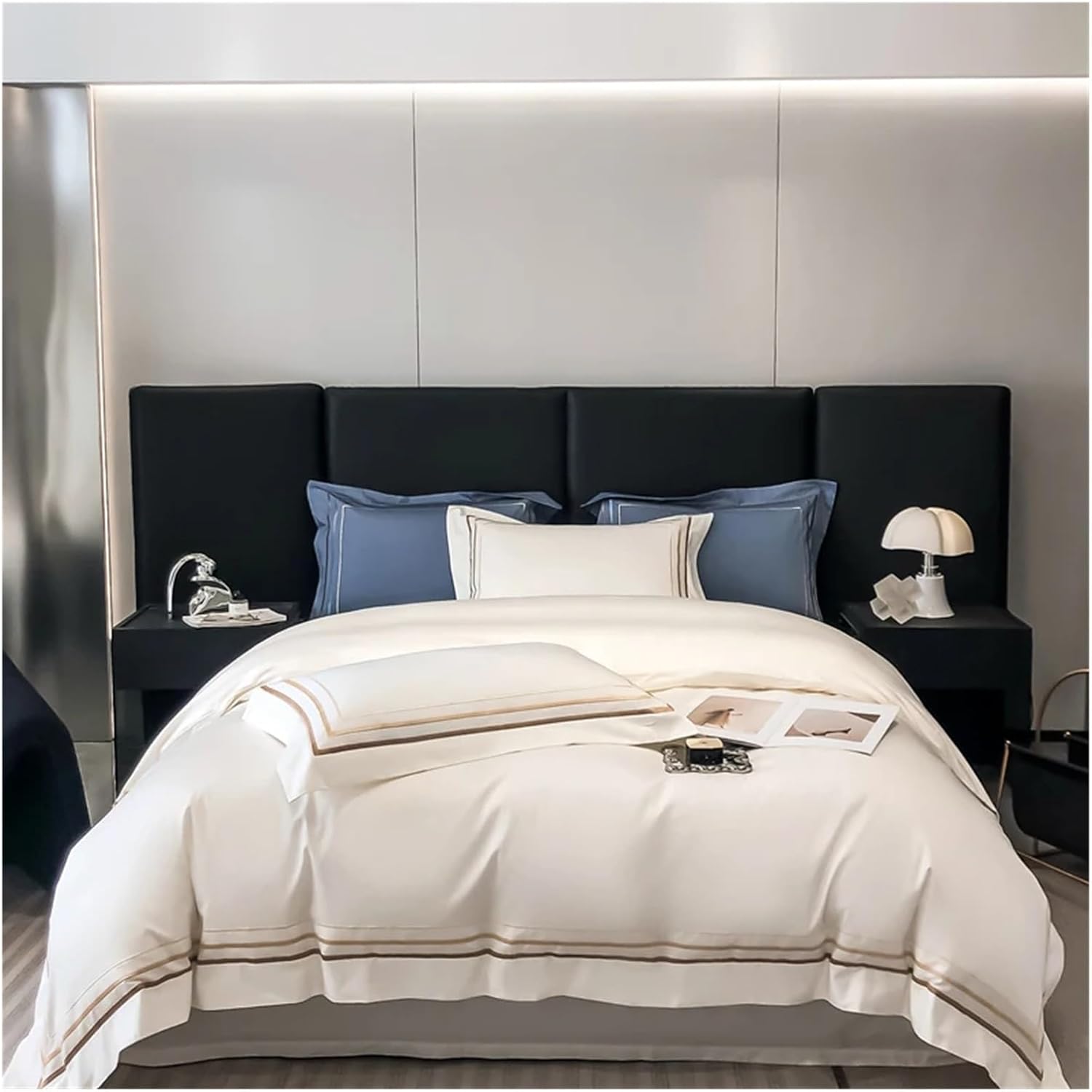 Stripes Embroidery White Bedding Set Luxury Egyptian Cotton Duvet Cover Bed Sheet Pillowcases Solid Color Home Textile,Bed