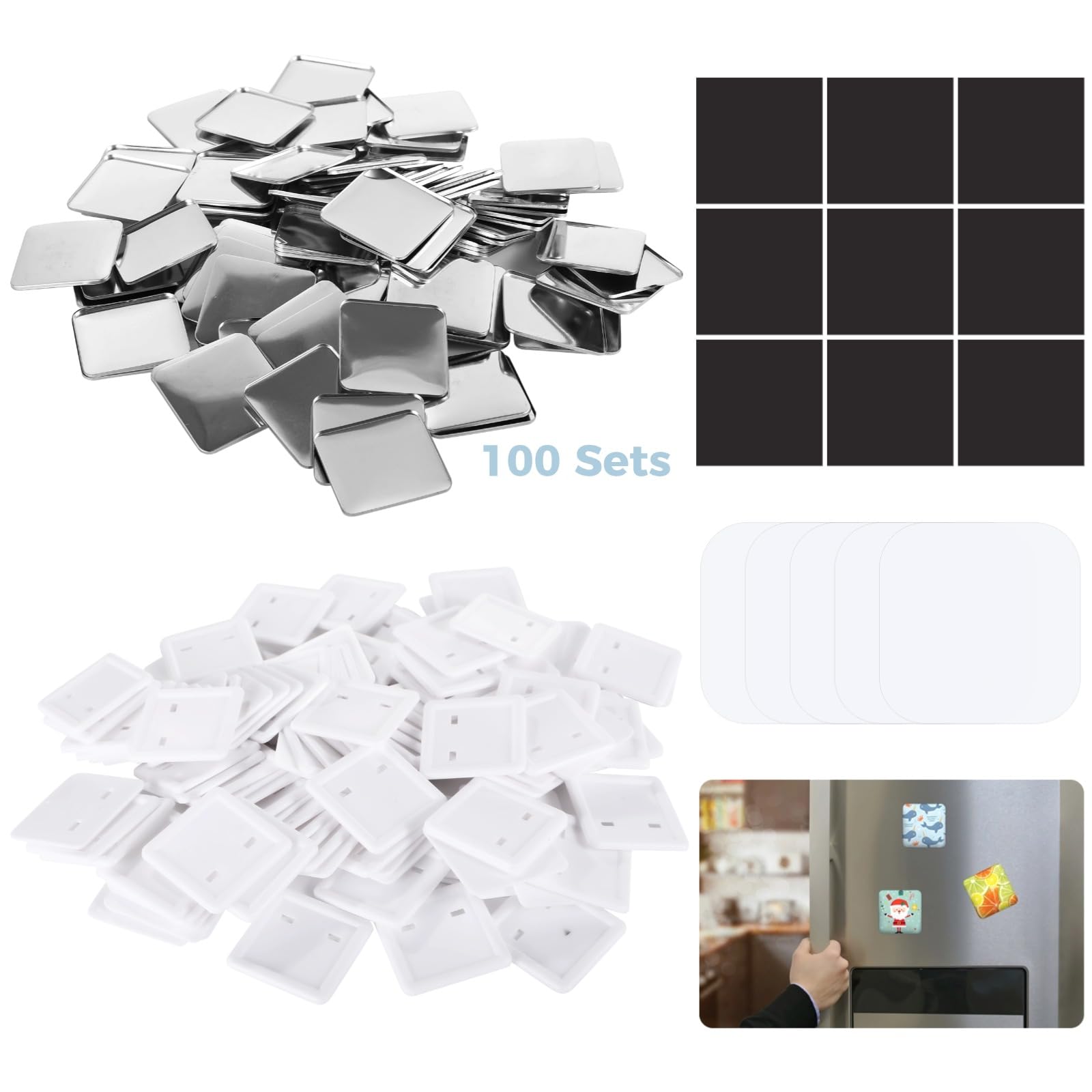 100 Stück quadratische Knopfteile, DIY-Kühlschrank-Magnetknopf-Maschine, Zubehör für quadratische Knopf-Maschinen, 50 mm, inklusive Metallabdeckung, Kunststoff-Rückseite, transparenter Folie, blanko