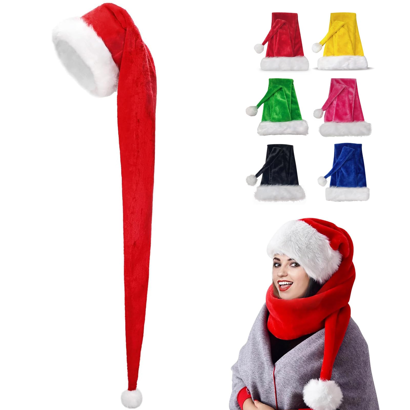 150cm Christmas Hats Santa Hat for Adults,Long Deluxe Velvet Xmas Santa Claus Hat,Unisex Velvet Comfort Christmas Party Hat Thicken Classic Fur for New Year Festive Christmas Party Supplies(Red)