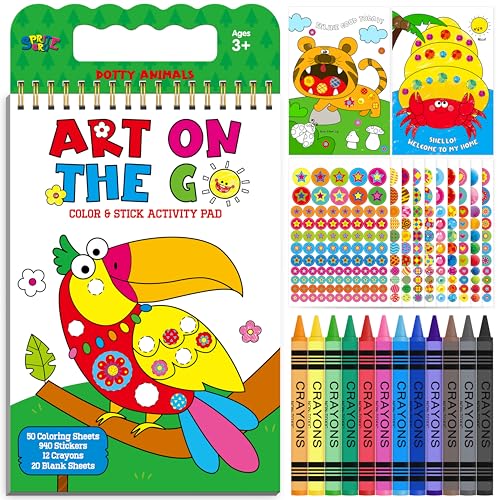 SpriteGru Road Trip Coloring Kit 50 Coloring Pages with 940 Decorative Stickers & 12 Crayons Mess-Free Travel Sticker Collage Activity DIY Dotty Animals Travel Art Craft Kit for Kids Toddlers