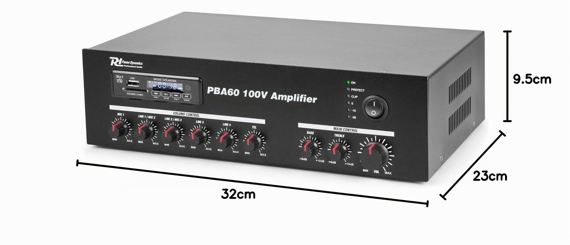 Power Dynamics PBA60 Amplificador de línea 100V 60W | Reproductor USB y SD, radio FM, ecualizador integrado, múltiples entradas para micrófonos y fuentes de audio.