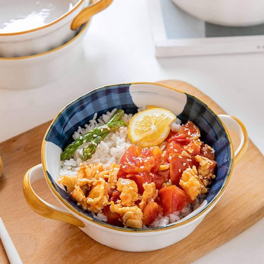 Suppenschüssel mit 2 Griffen Japanische Art, große Suppentassen mit Griffen und Deckel in China Porzellan Keramikofen Mikrowellengeeignete mikrowellengeeignete Küche für Nudeln Obstsalat-C-1