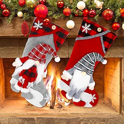 AnyDesign 2 Pack Christmas Stockings Set Unique 3D Couple Gnomes with Plush Cuff Xmas Hanging Stockings Red Black Buffalo Plaid Christmas Candy Gift Bag for Christmas Fireplace Xmas Tree Ornaments Cover