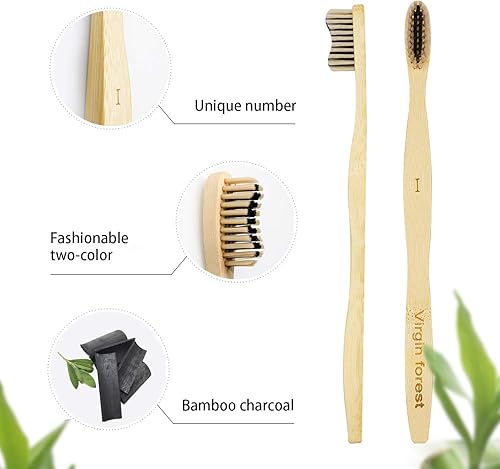 Miniatura 2 de Virgin Forest Cepillo de dientes de bambú, cepillos de dientes de cerdas suaves biodegradables, cepillo de dientes de madera con cerdas de dos