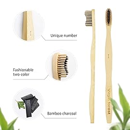 Virgin Forest Bamboo Toothbrush, Biodegradable Soft Bristles Toothbrushes, Wooden Toothbrush with Wave-Shaped Two-Color Bristles and Larger Thicker Handle (6 Pcs)