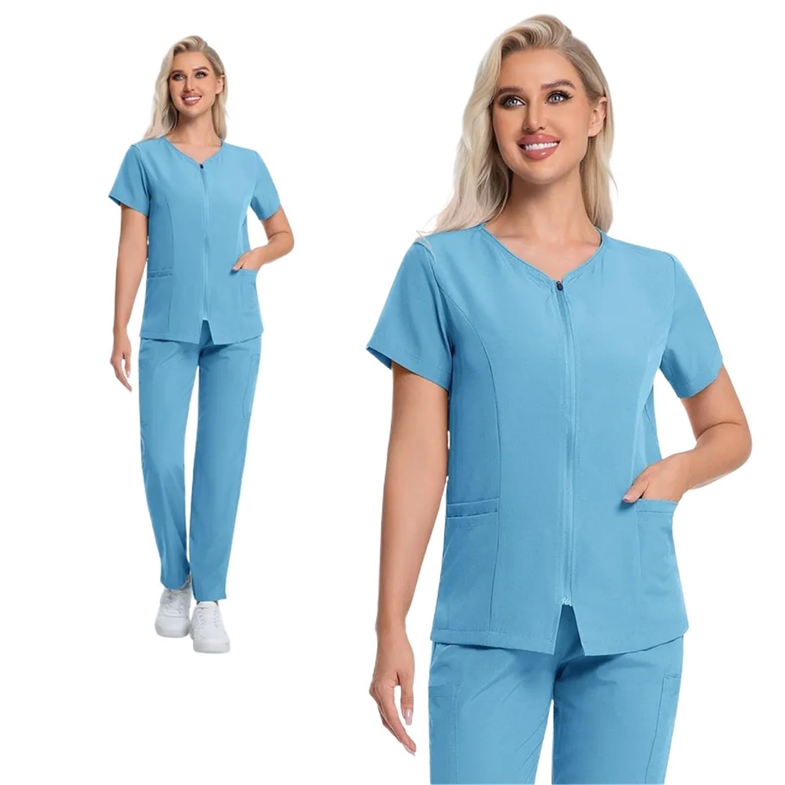 Casacca Sanitaria Donna Camicia chirurgica ospedaliera Pantalone Odontoiatria Abiti da Lavoro clinici Farmacia Laboratorio Clinica odontoiatrica Dottore Infermiere Uniformi | Light blue,XXL