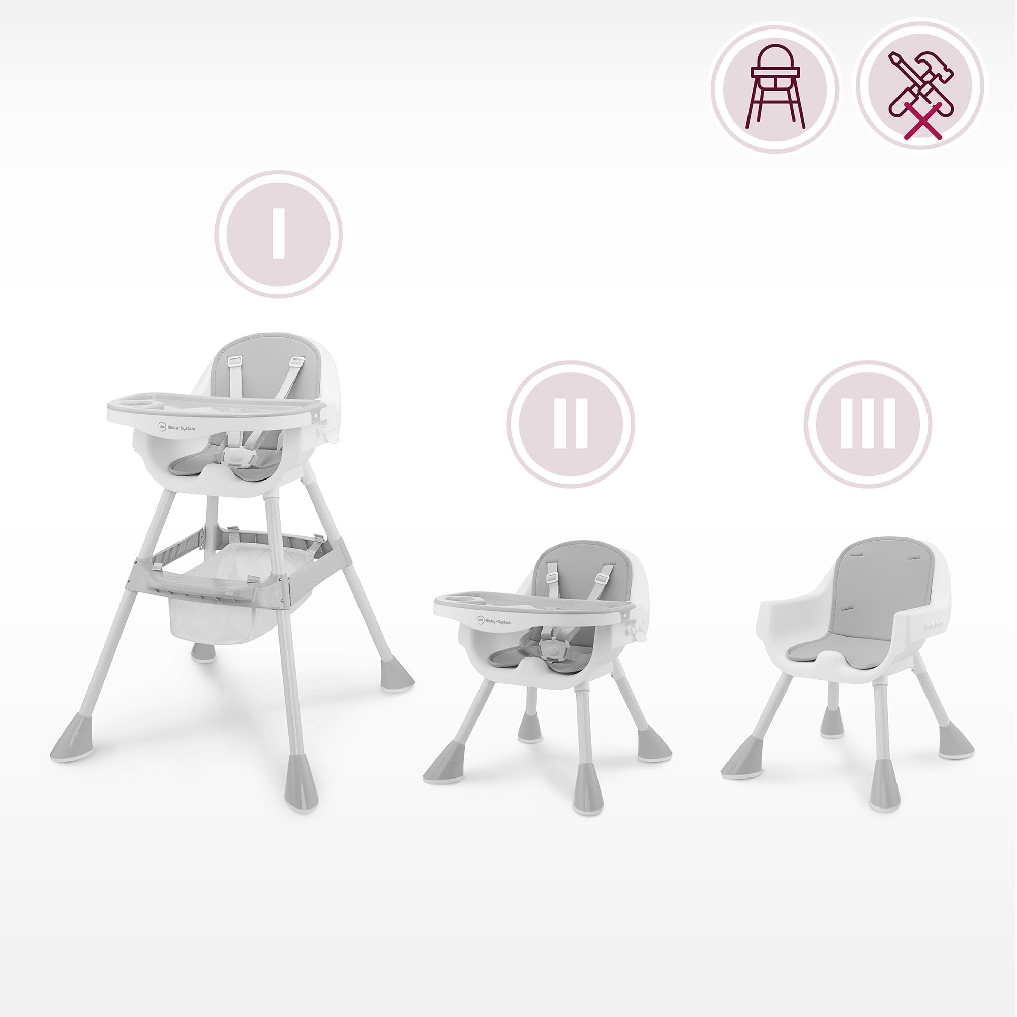 Moby-System Chaise Haute Réglable Magnolia 2en1 Grise Similicuir Dès 6 Mois