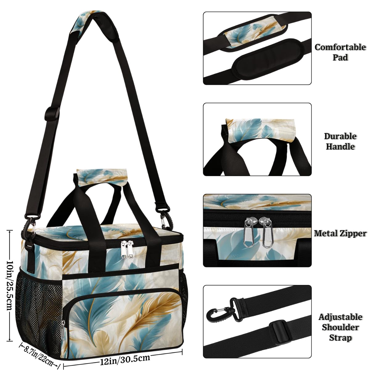 Abstract Feather Insulated Picnic Backpack Lunch Box for Women Men Picnic Basket Tote Lunch Bag Picnic Bag Portable Lunch Bags for Picnic, Beach, Work, Trip,Office, Camp Ethnic Feathers