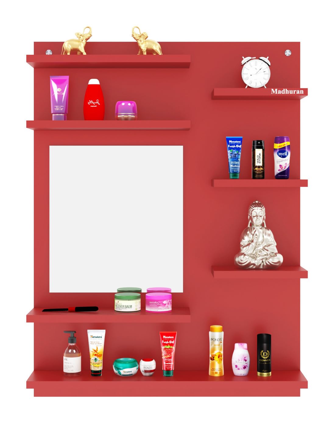 Ricco Engineered Wood Wall Mounted Dressing Table (Red Finish) Bathroom Cabinet Washroom Makeup Mirrors Storage Organiser Fancy Aaina Bedroom Mirror-image-45