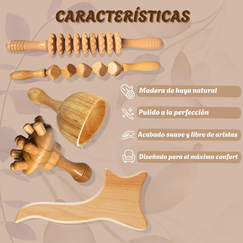 Pack de Maderoterapia Corporal Profesional para Masajes Relajantes y Celulitis con Instrucciones Qr – Compuesto por Tabla Moldeadora, 2 Rodillos(Recto y Cubos), Champiñón y Copa.