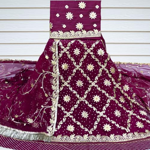 Image of Women's Embroidered Vichitra Silk Ethnic wear Semi-stitched Lehenga Choli With Dupatta Set (S-THG 415279)