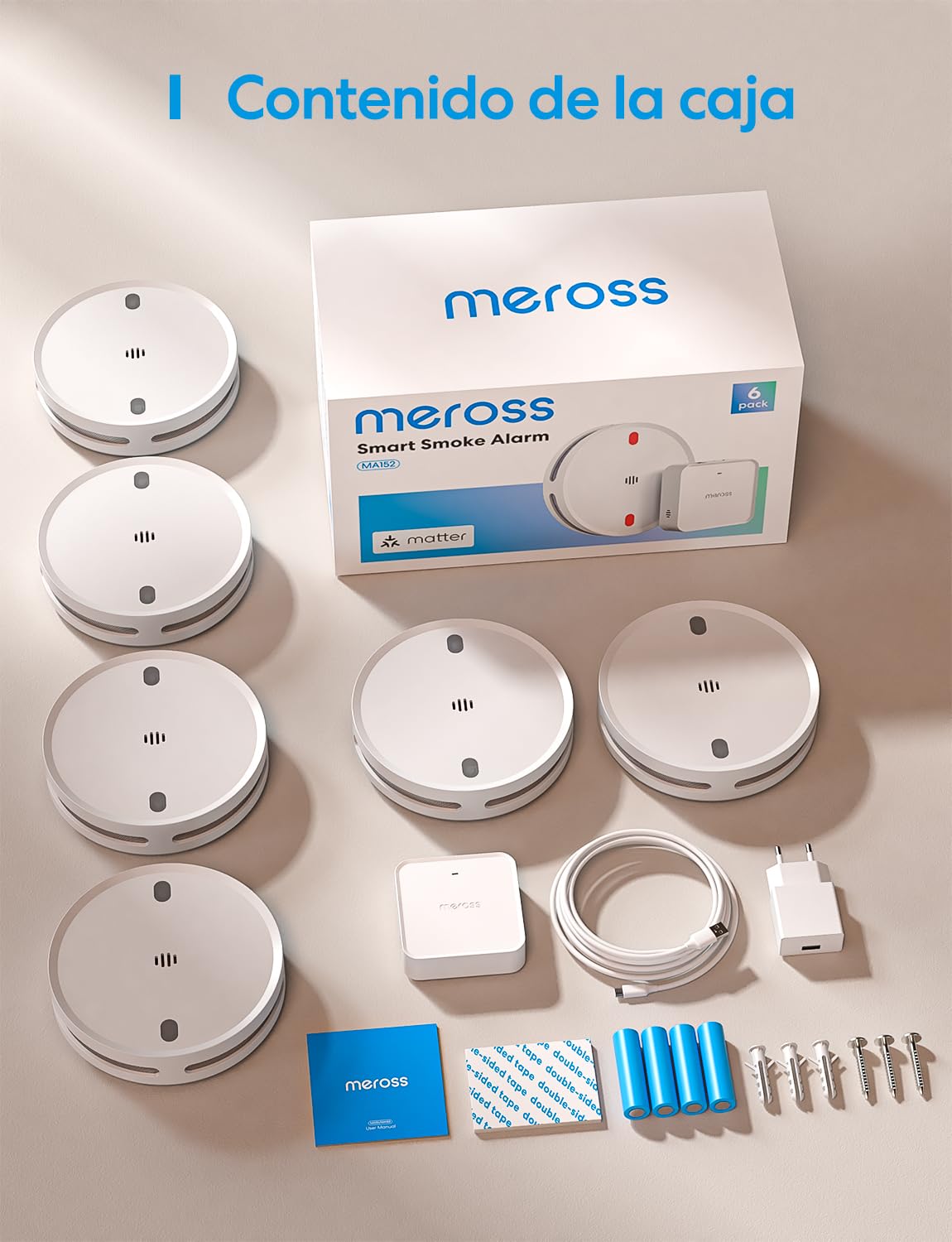 Meross Matter Detector de Humo Conectado con Hub MSH450, Sistema Alarma Incendio Inteligente WiFi con luz LED roja de evacuación, Compatible Apple Home y Home Assistant, Certificado EN14604, 6 Piezas