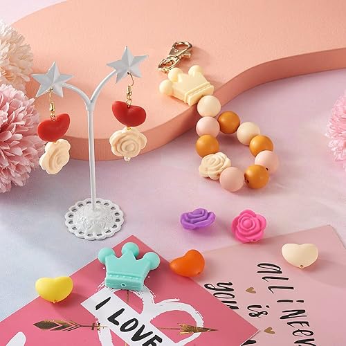 Miniatura 2 de 30 cuentas de silicona de corazón, corona, cuentas de goma, flores de silicona, cuentas sueltas de silicona a granel para mujeres, pulseras,