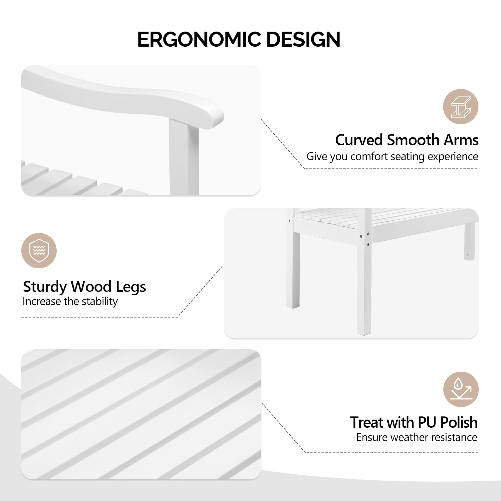 Bonnlo Banco de Jardín de Madera para 2-3 Personas, Wood Outdoor Bench 127 x 63 x 91 cm, Banco Exterior Resistente a la Intemperie, hasta 363 kg, para Patio Terraza Porche Parque (Blanco)