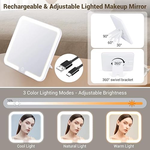 Miniatura 2 de Bolsa de maquillaje de viaje con espejo LED, estuche de maquillaje con espejo iluminado, bolsa organizadora de cosméticos con divisores ajustables y